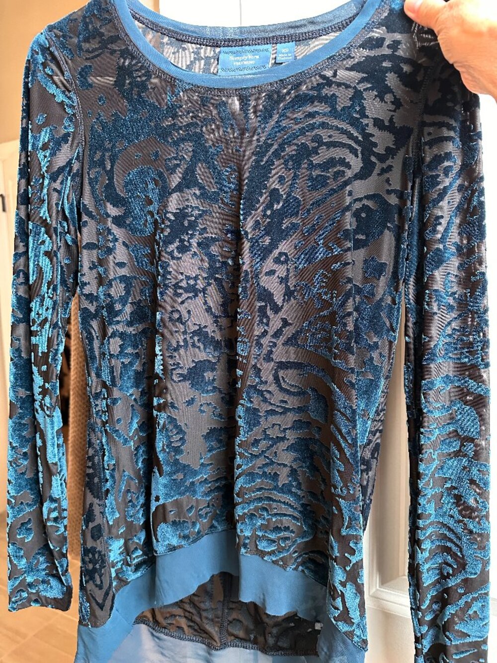 Velvety Blue Long Sleeve Burn Out Blosue w/lining.